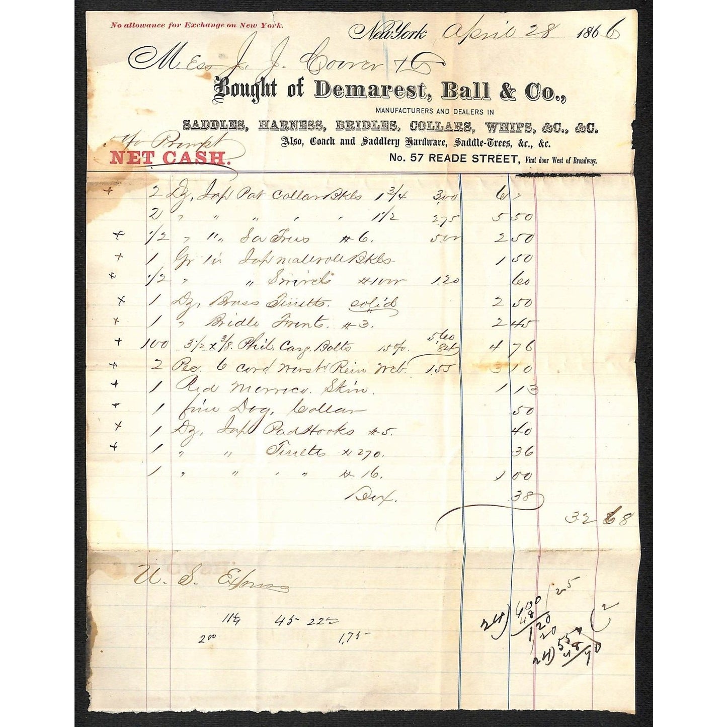 Demarest, Ball & Co Saddles Whips NYC 1866 J.J. Cover, Johnsville, OH* Billhead