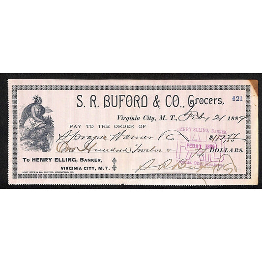 1889 Henry Elling Virginia City Montana Territory S.R. Buford Grocers Check #421