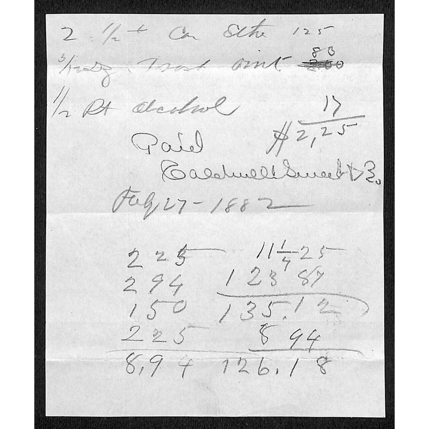 1882 Jabez Knowlton* Newburgh, ME General Store Receipt incl 1/2 Pint Alcohol