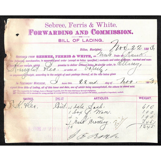 1883 Bill of Lading Sebree, Ferris Knight & Co. 610Lbs. 4 Bdls. Sash
