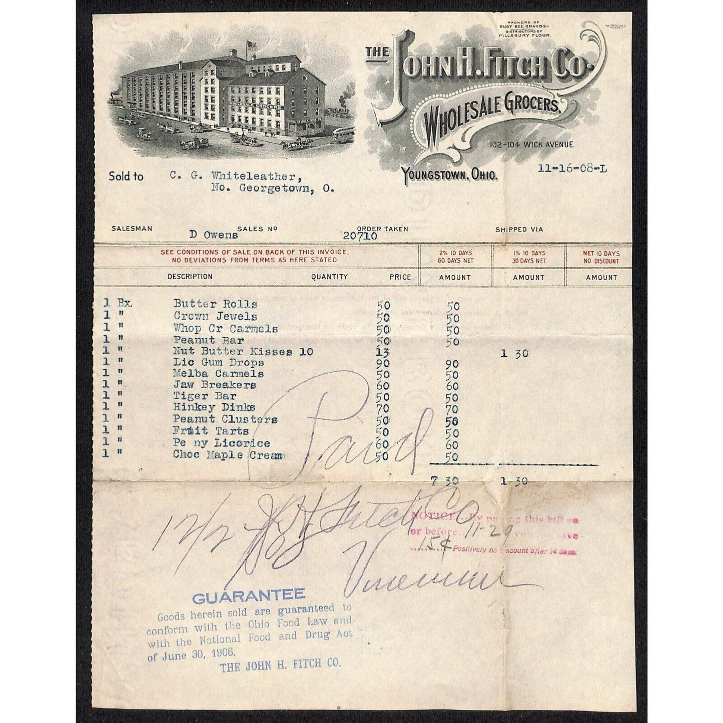 John H Fitch Co. Youngstown 1908 Billhead Whiteleather* N. Georgetown OH