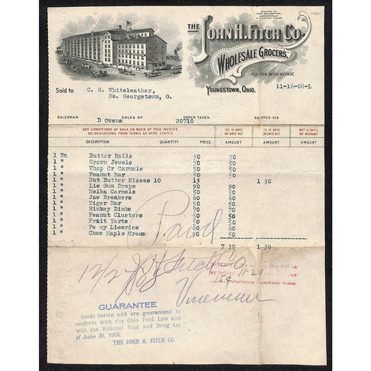 John H Fitch Co. Youngstown 1908 Billhead Whiteleather* N. Georgetown OH