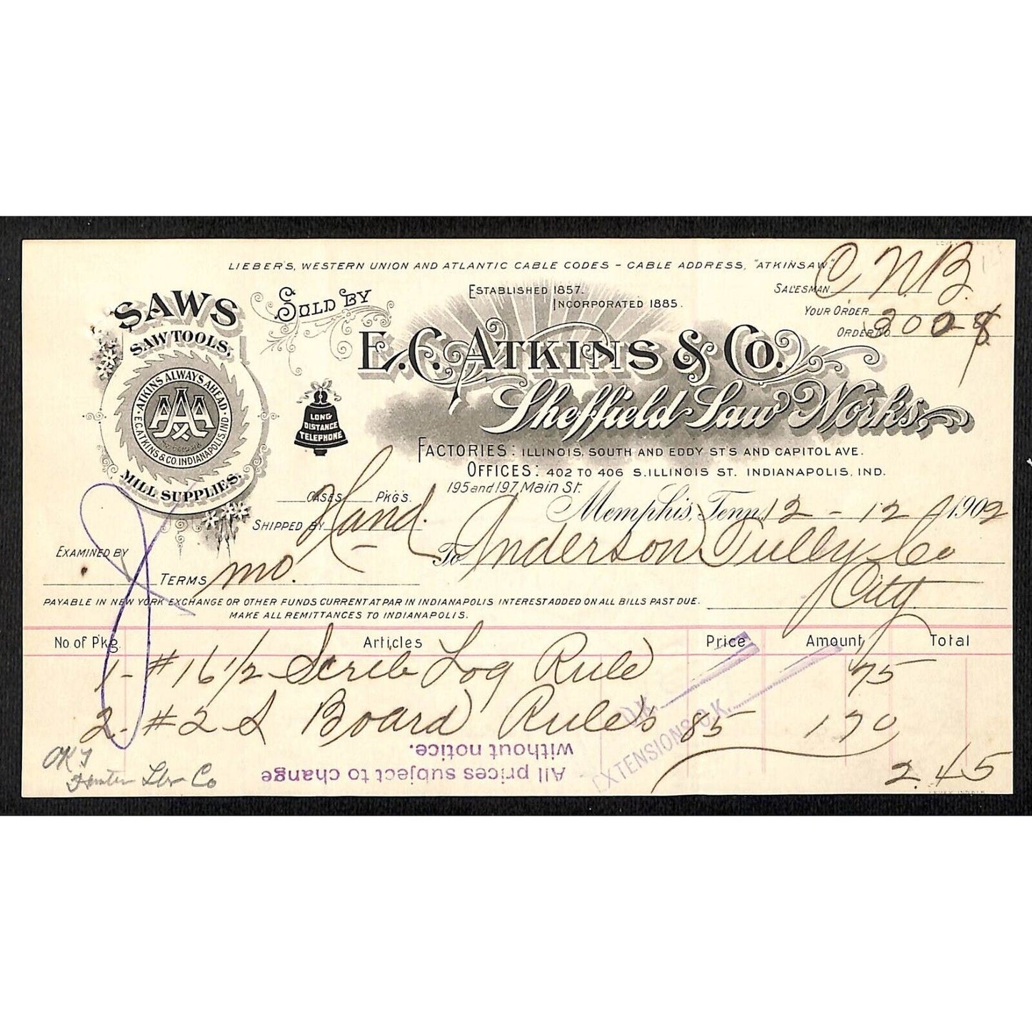 E.C. Atkins & Co. 1902 Memphis Billhead Sheffield Saw Mills Bell System Scarce
