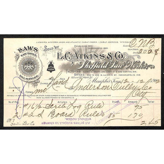 E.C. Atkins & Co. 1902 Memphis Billhead Sheffield Saw Mills Bell System Scarce