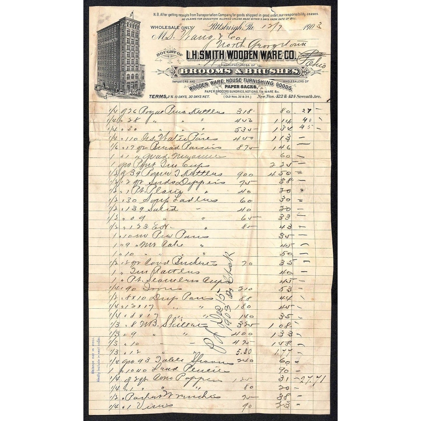 L.H. Smith Wooden Ware Co Brooms 1903 Billhead Samuel Wang* N. Georgetown, OH