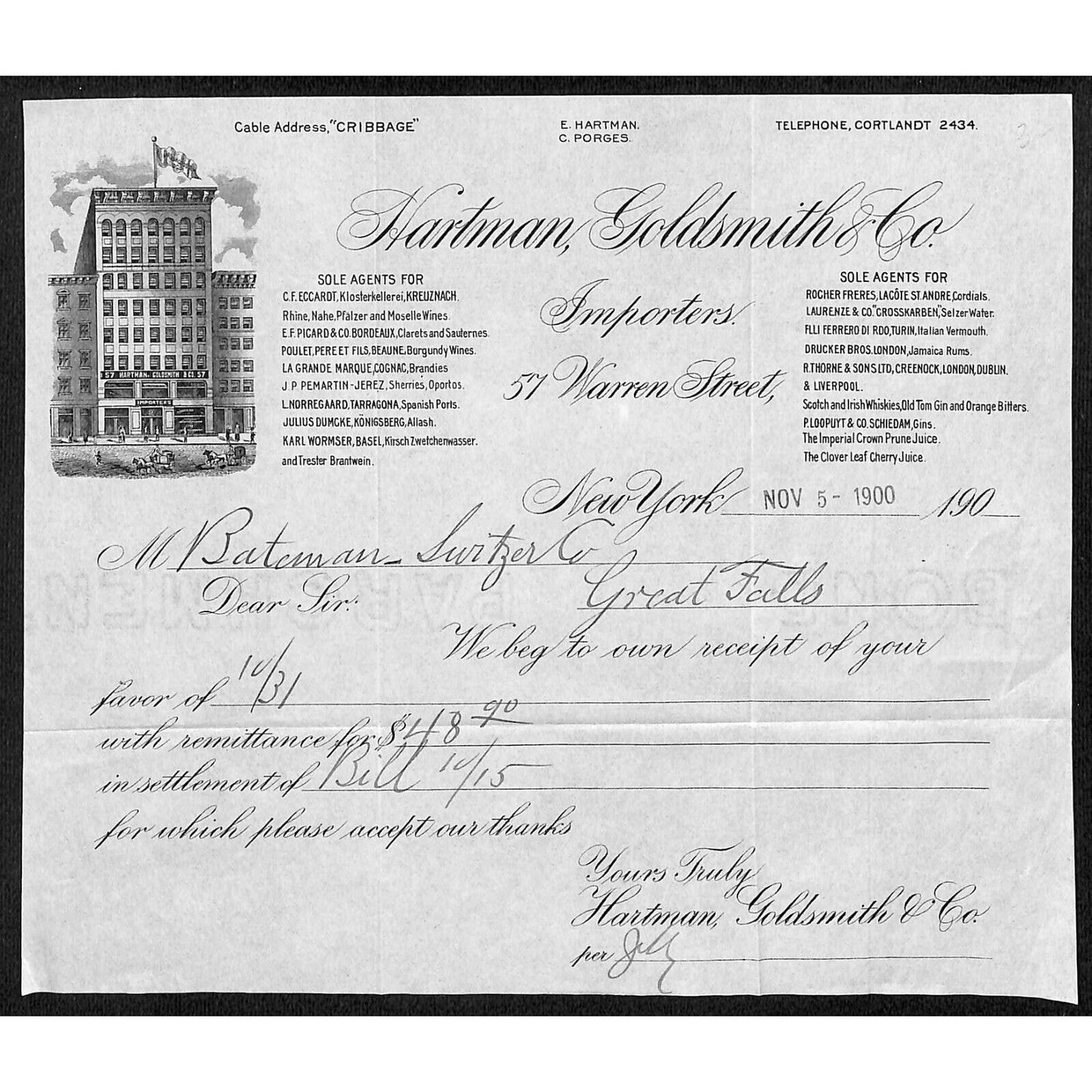 Hartman, Goldsmith & Co. Warren St. NYC Wine Importers 1900 Billhead