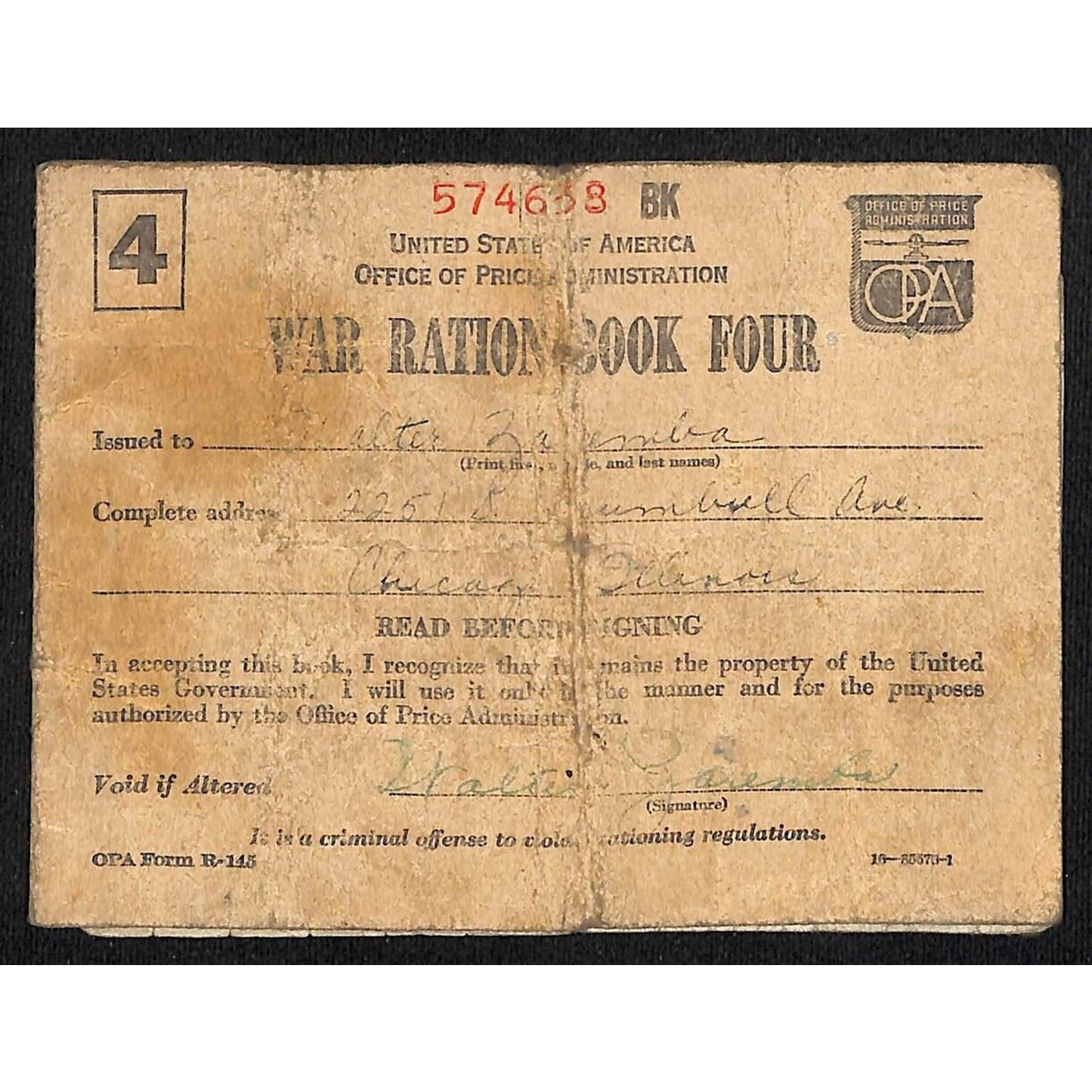 U.S. WWII War Ration Book Four Issued to a Chicago Resident c1943 #574638