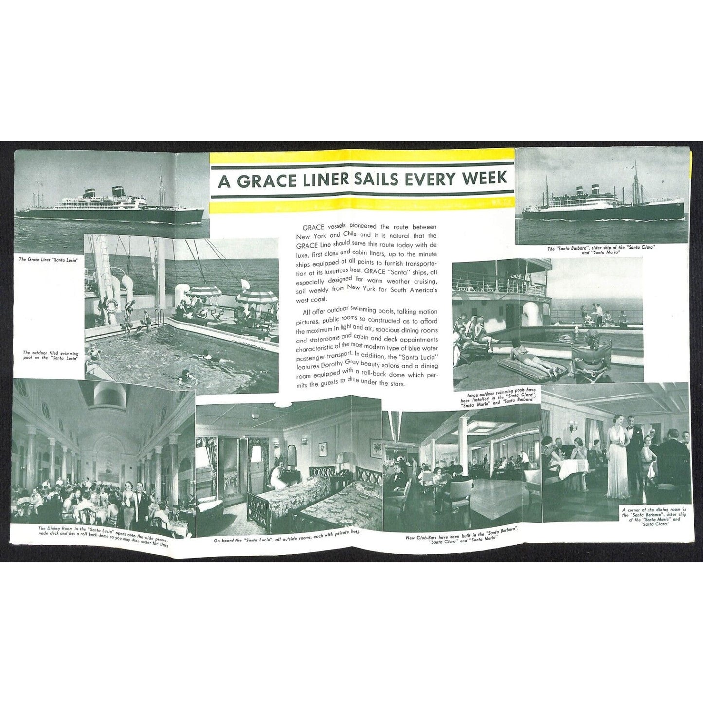 Grace Line Ocean Liner 38 Day Cruises to Chile 1938 Fold Out 16" x 28" Brochure
