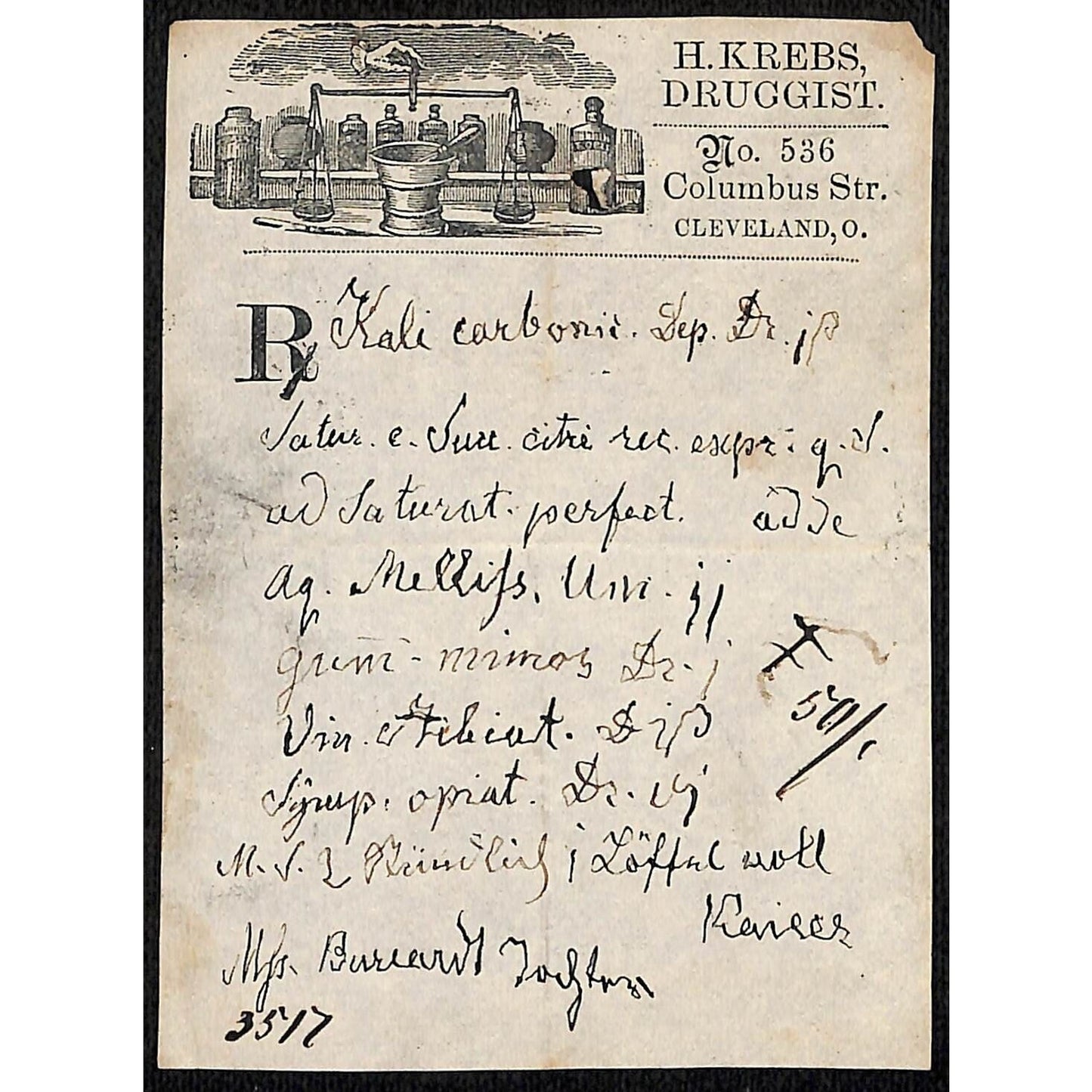 H. Krebs, Druggist Columbus St. Cleveland c1870's* Prescription #3517