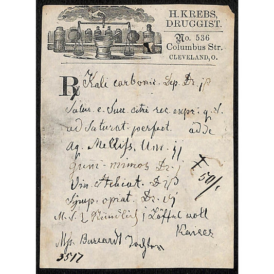 H. Krebs, Druggist Columbus St. Cleveland c1870's* Prescription #3517