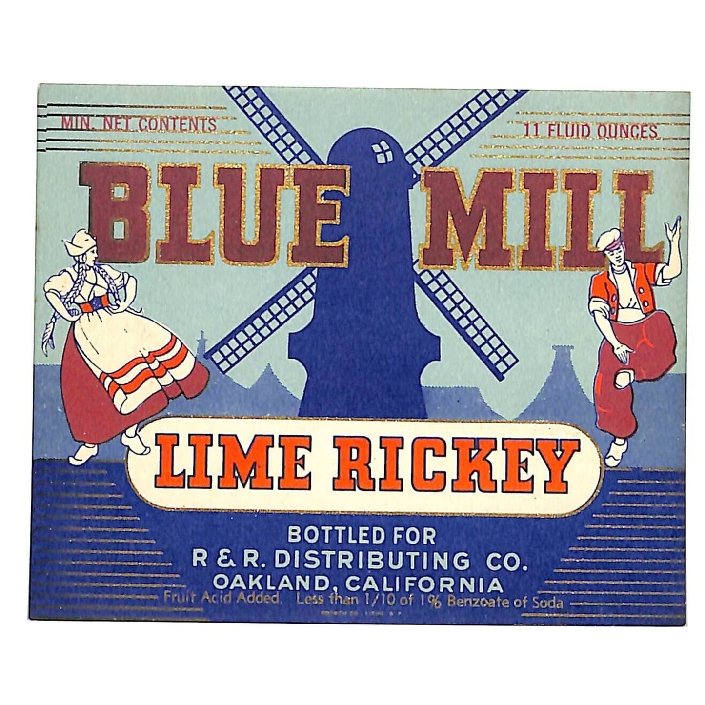 Blue Mill Lime Rickey Soda Label R & R Distributing Co. Oakland, CA VGC Windmill