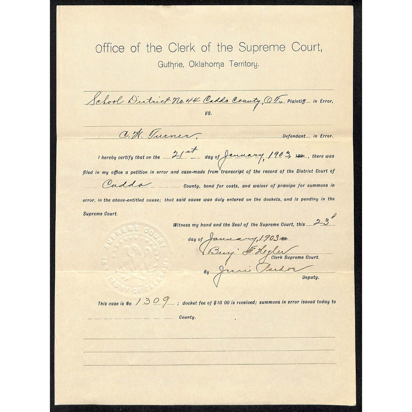 1903 Clerk of the Supreme Court Guthrie, OK Indian Territory Letterhead w/ Seal
