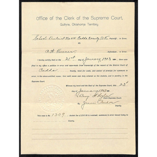 1903 Clerk of the Supreme Court Guthrie, OK Indian Territory Letterhead w/ Seal