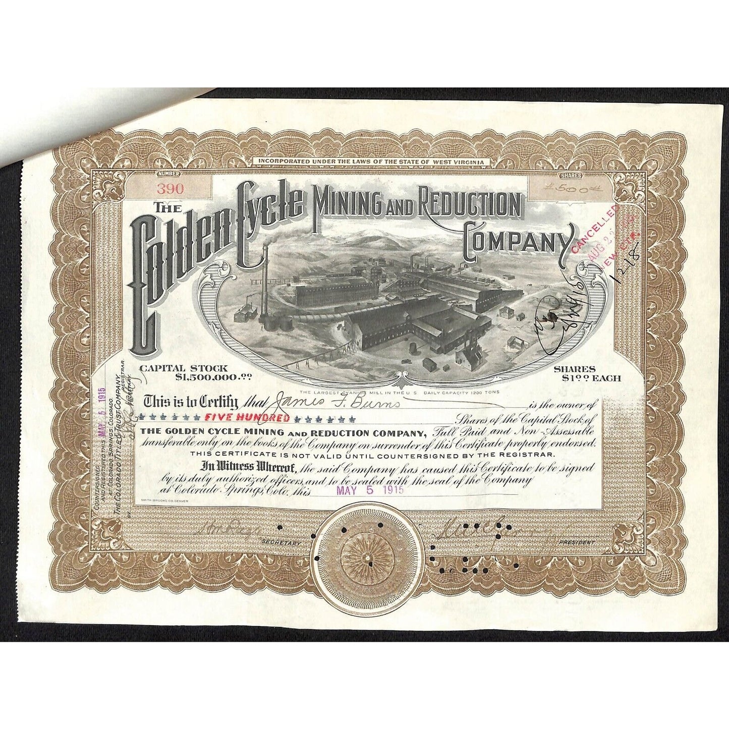 Golden Cycle Mining 1915 Stock Certificate w/ James F. Burns Sig. #388