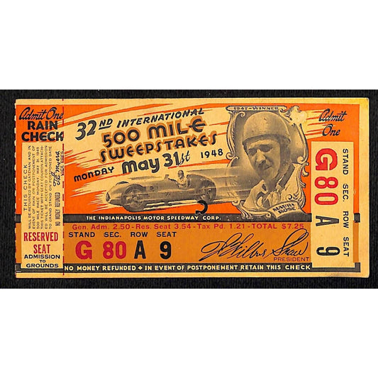 1948 Indy 500 Ticket / IMS 500 Mile Sweepstakes Ticket Stub Seat 9 VGC
