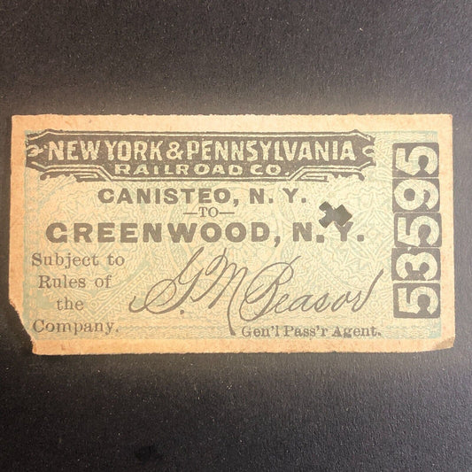 New York & Pennsylvania Railroad July 21 1917 Greenwood, NY Ticket #53595