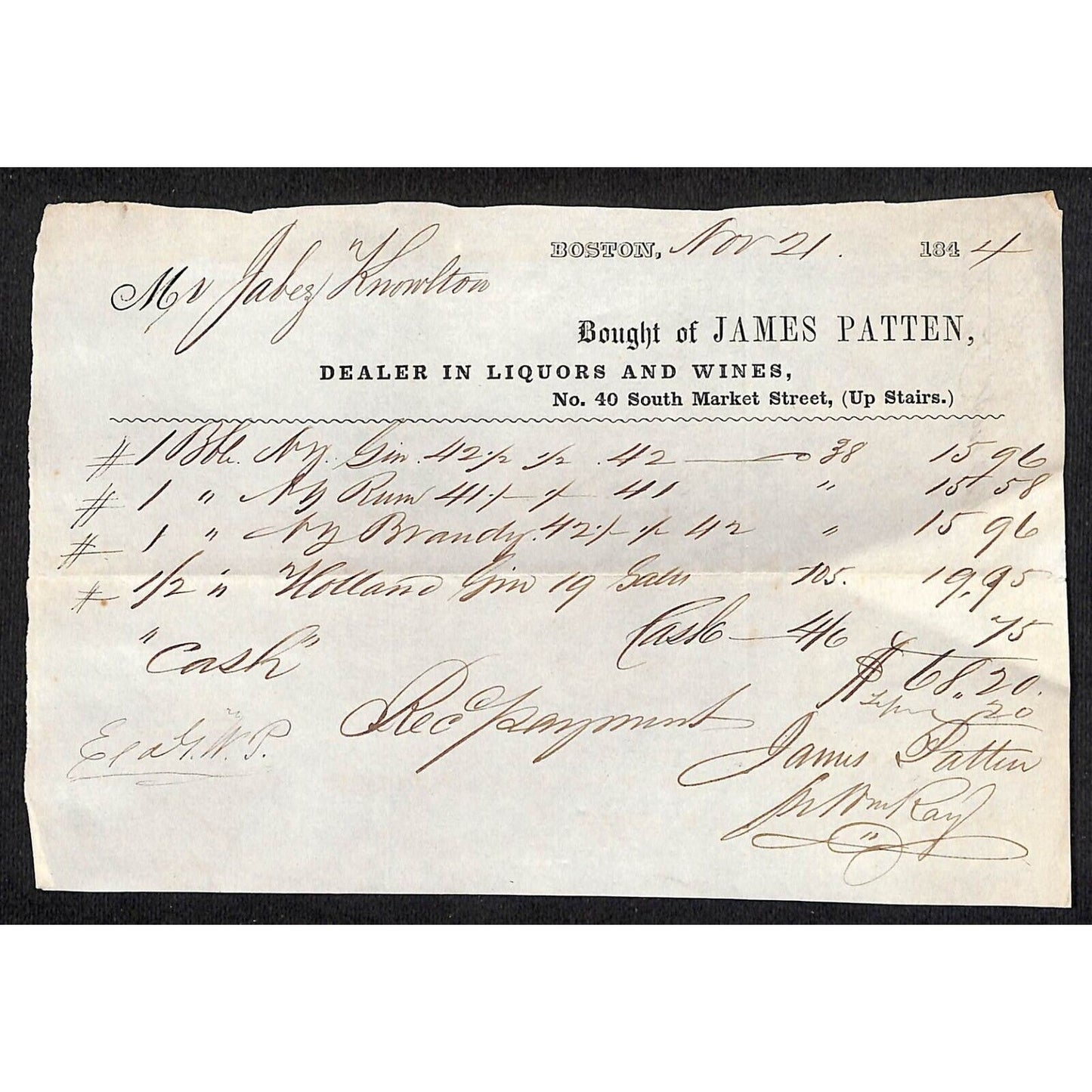 1844 Jabez Knowlton* Newburgh ME James Patten Boston Liquors Rum Brandy Billhead