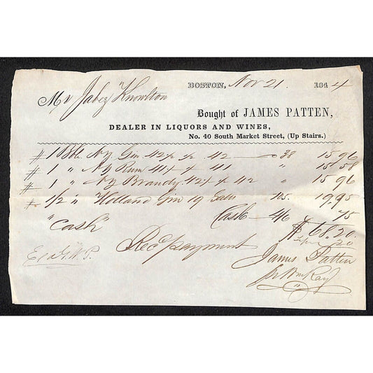 1844 Jabez Knowlton* Newburgh ME James Patten Boston Liquors Rum Brandy Billhead