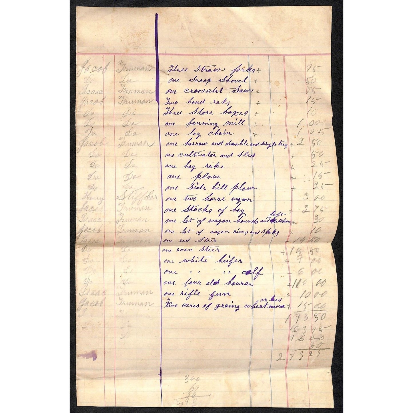 3 Farm Livestock / Tools Auction Inventory Lists Jacob & Isaac John Truman c1887