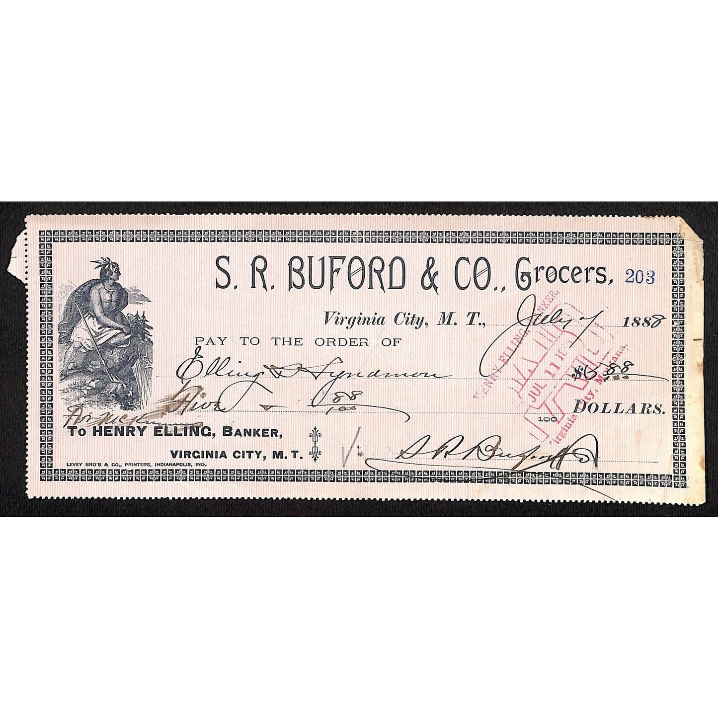 1888 Henry Elling Virginia City Montana Territory S.R. Buford Grocers Check #203