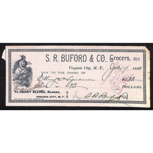 1888 Henry Elling Virginia City Montana Territory S.R. Buford Grocers Check #203
