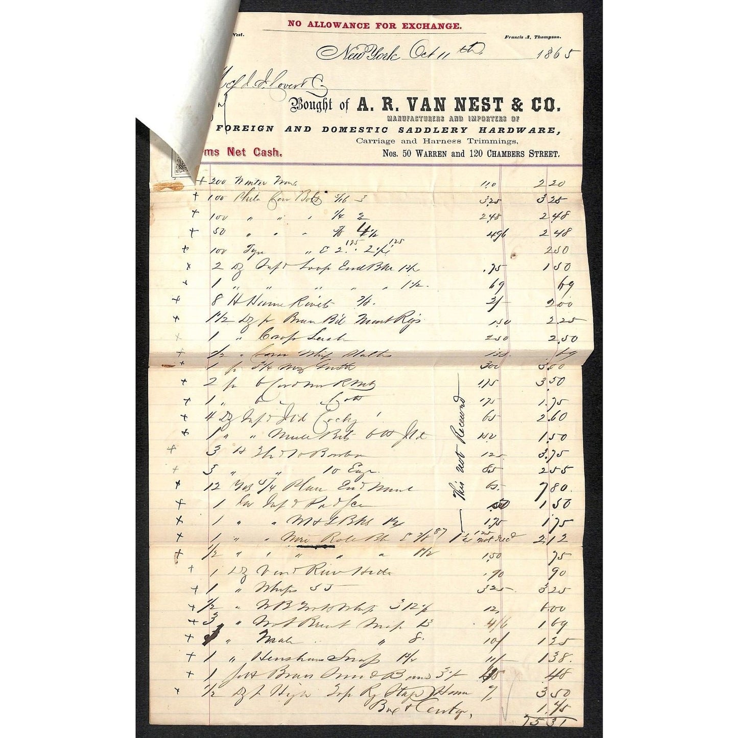 A.R. Van Nest & Co. Saddlery NYC 1865 J.J. Cover, Johnsville, OH* Billhead