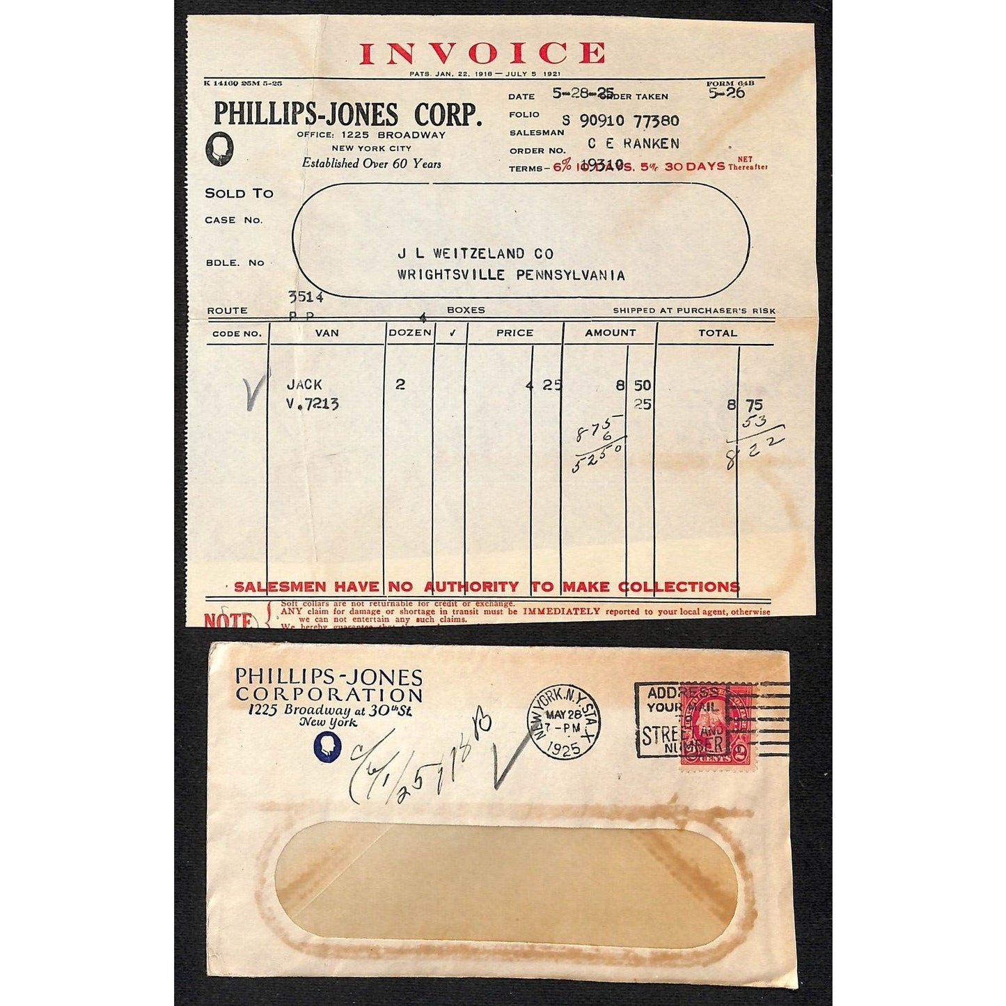 Phillips Jones Corp. 1255 Broadway NYC 1926 Invoice Billhead + Cover