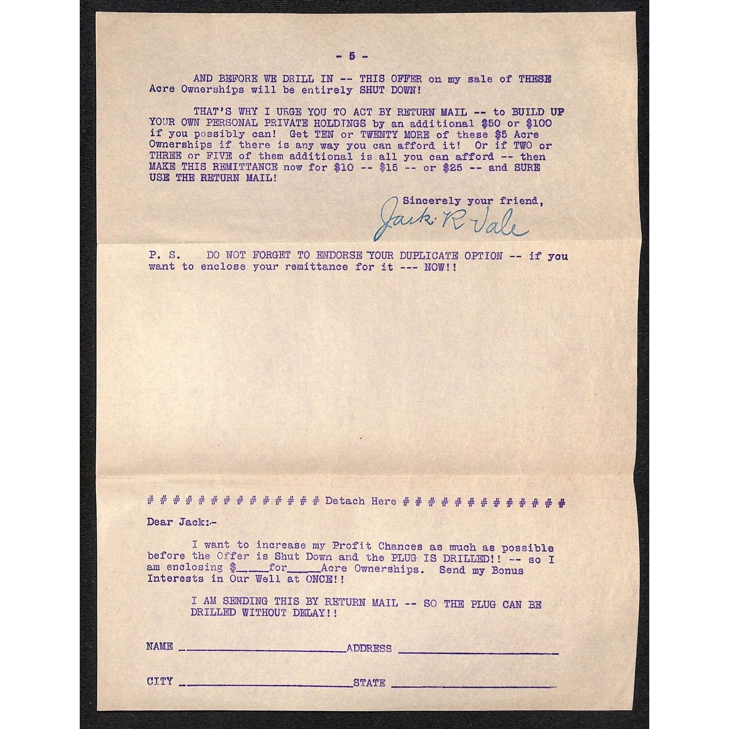 Jack R. Vale Louisville, MS 1935 Oil Investment Scheme ? Promotion Letter 5pp