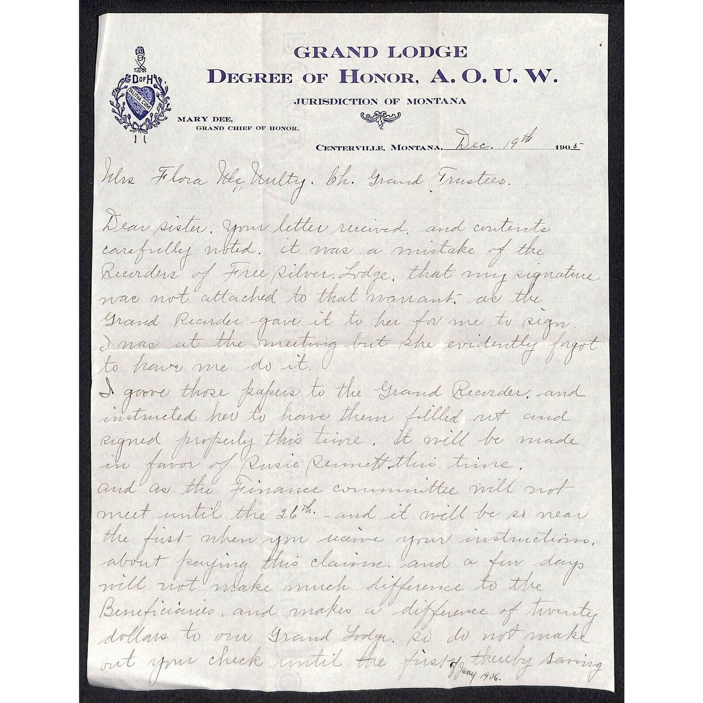 Centerville, MT Grand Lodge Degree of Honor, A.O.U.W. ALS Letterhead