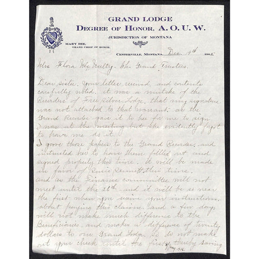 Centerville, MT Grand Lodge Degree of Honor, A.O.U.W. ALS Letterhead