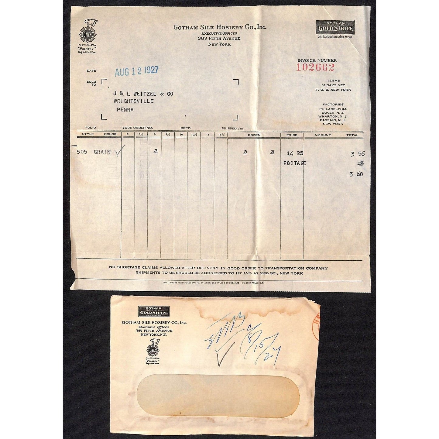 Gotham Silk Hosiery Co. Fifth Ave. NYC Weitzel 1927 Billhead + Cover