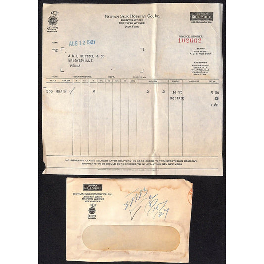 Gotham Silk Hosiery Co. Fifth Ave. NYC Weitzel 1927 Billhead + Cover