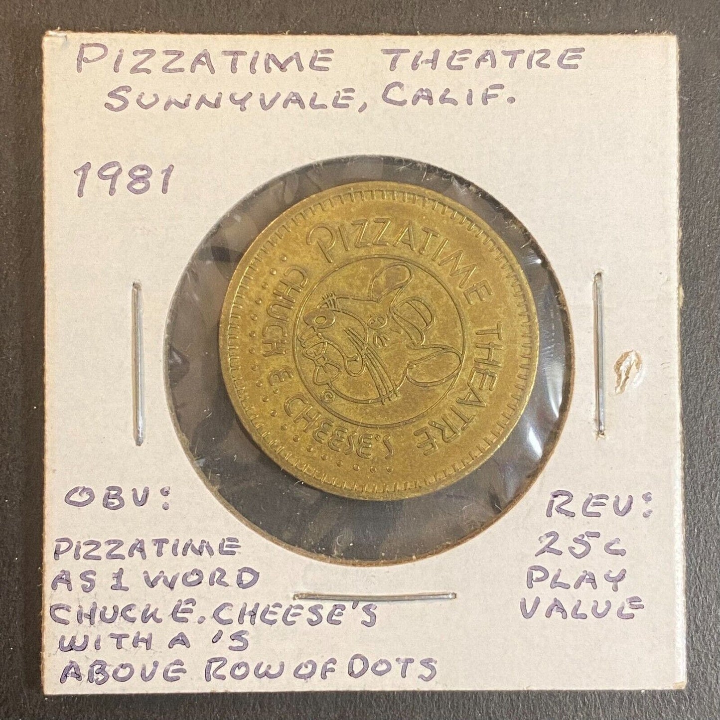 Chuck E. Cheese Pizzatime (One Word) Theatre 1981 25c Brass Arcade Token 25mm