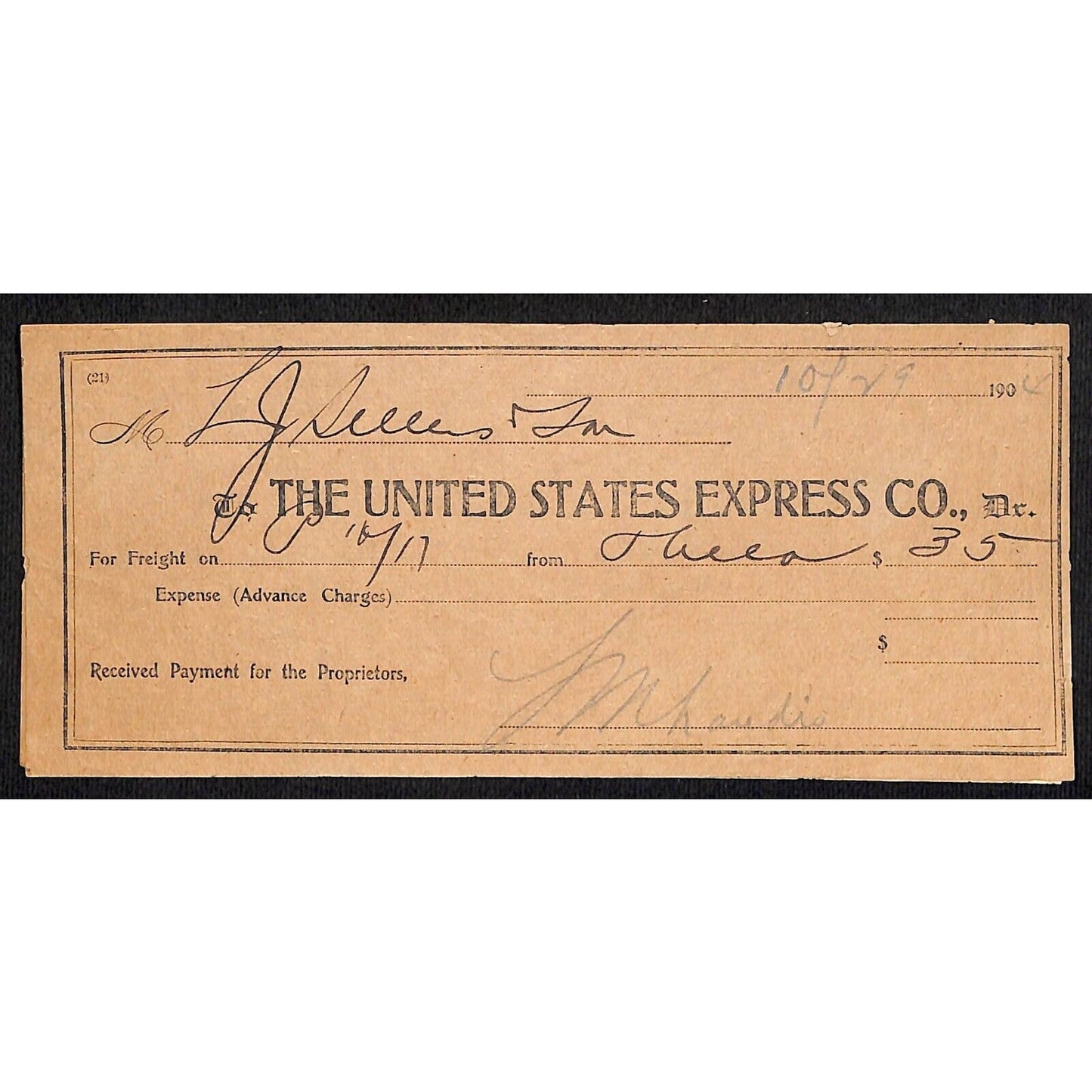 United States Express Co. 1904 Phila. Waybill / Freight Payment Receipt (#10)