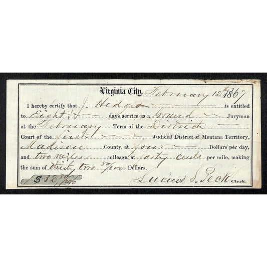 1867 Virginia City, MT Jury Duty Days Service & Mileage Warrant $32.80 Scarce