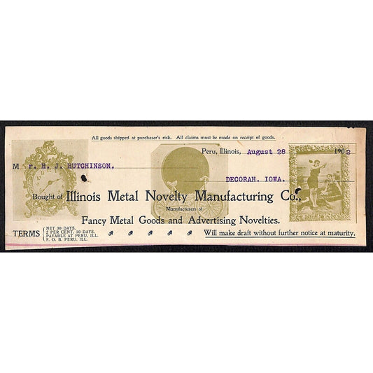 Illinois Metal Novelty Mfg. Peru / HJ Hutchinson Decorah, IA* Cut 1902 Billhead