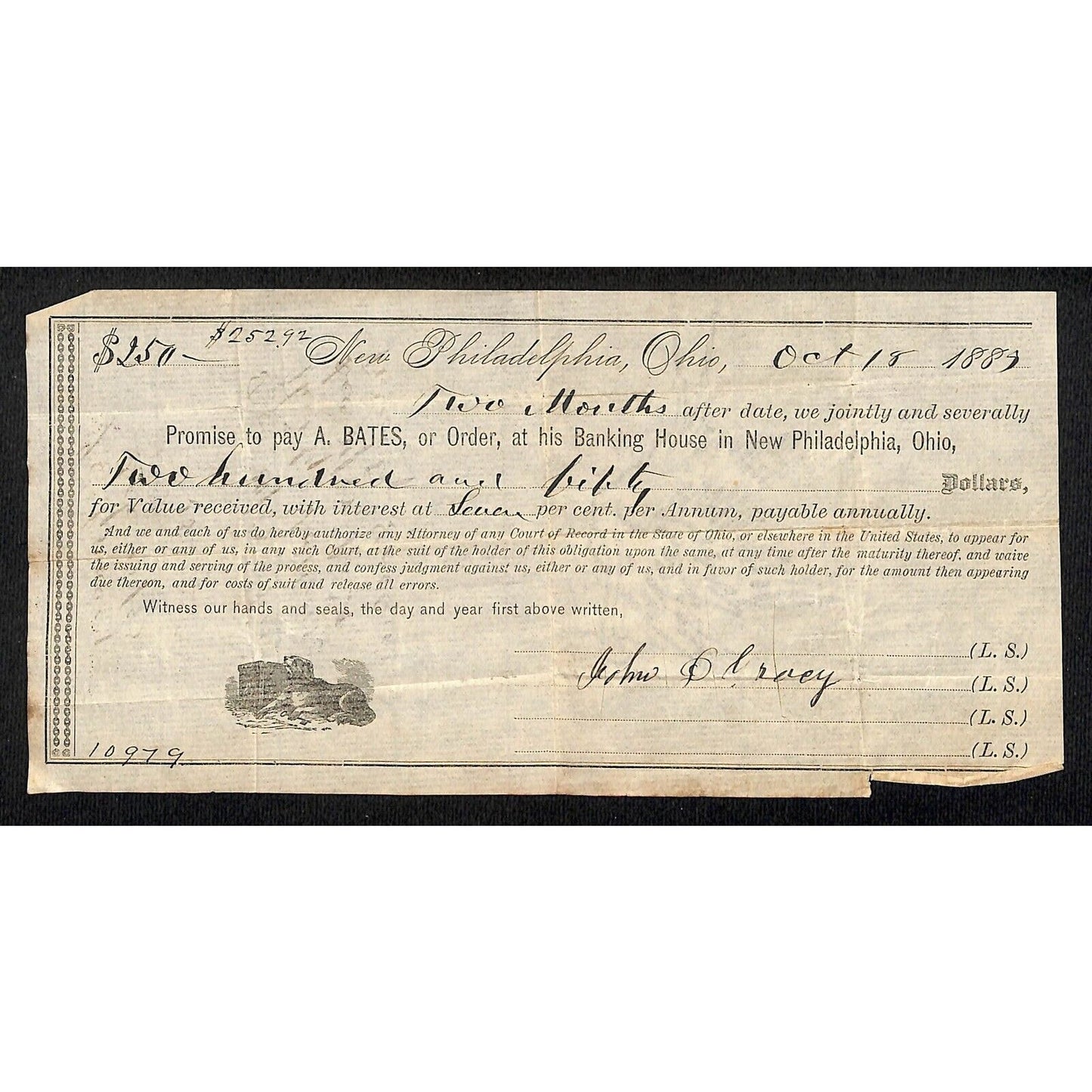 A. Bates Banking House New Philadelphia OH 1883 2 Month $250 @7% Promissory Note
