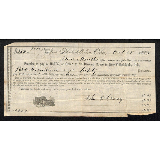 A. Bates Banking House New Philadelphia OH 1883 2 Month $250 @7% Promissory Note