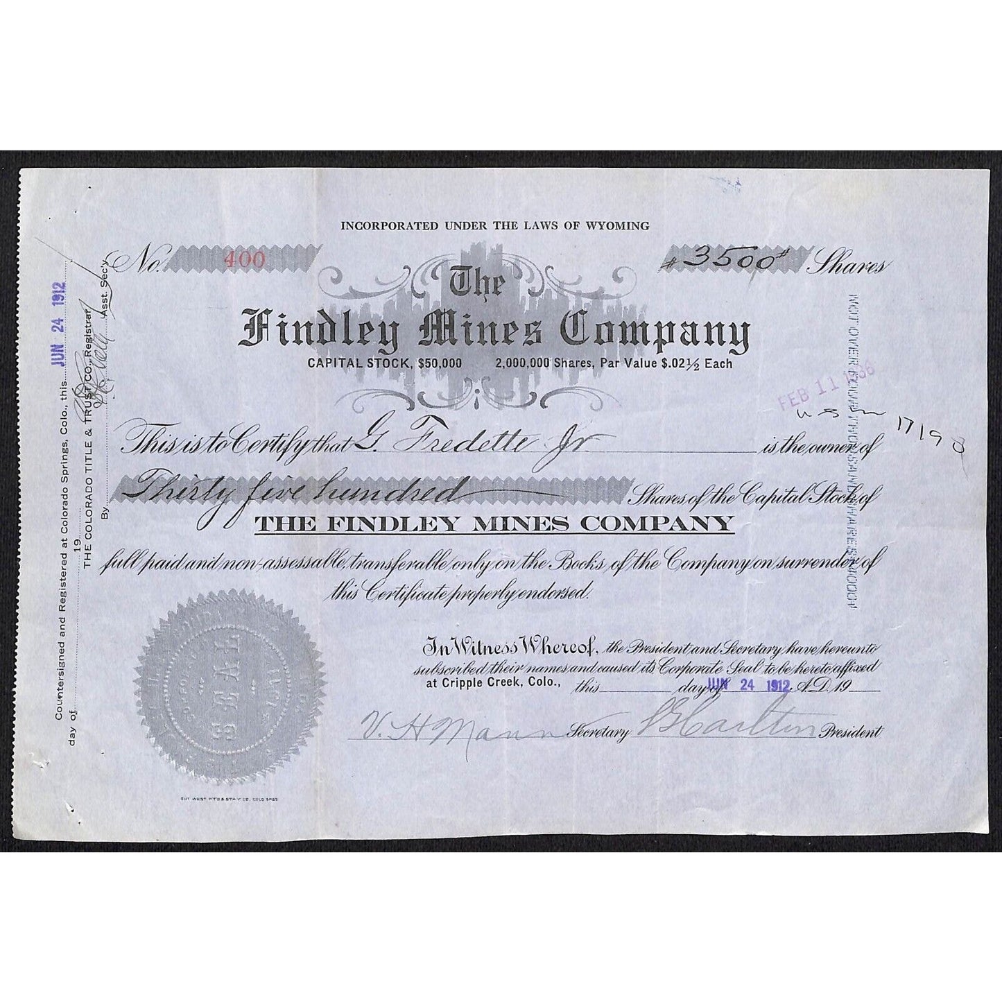 Findley Mines Co. 1912 Cripple Creek Stock Certificate w/ L.G. Carlton Sig. #400