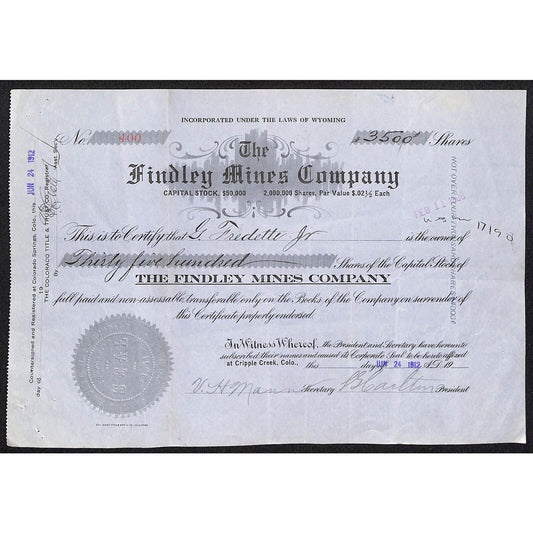 Findley Mines Co. 1912 Cripple Creek Stock Certificate w/ L.G. Carlton Sig. #400