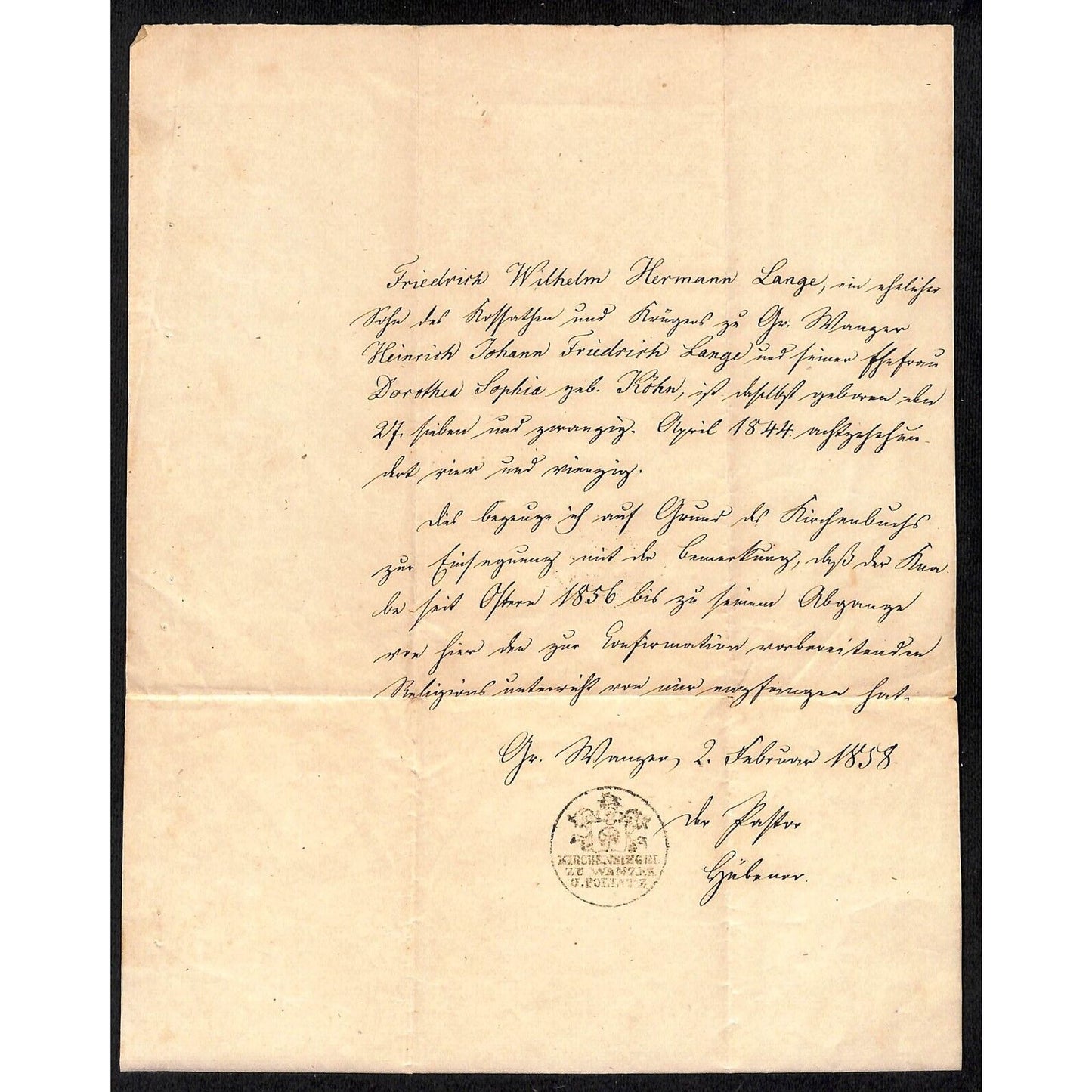 1858 William Wilhelm Hermann Lange German Religious Document