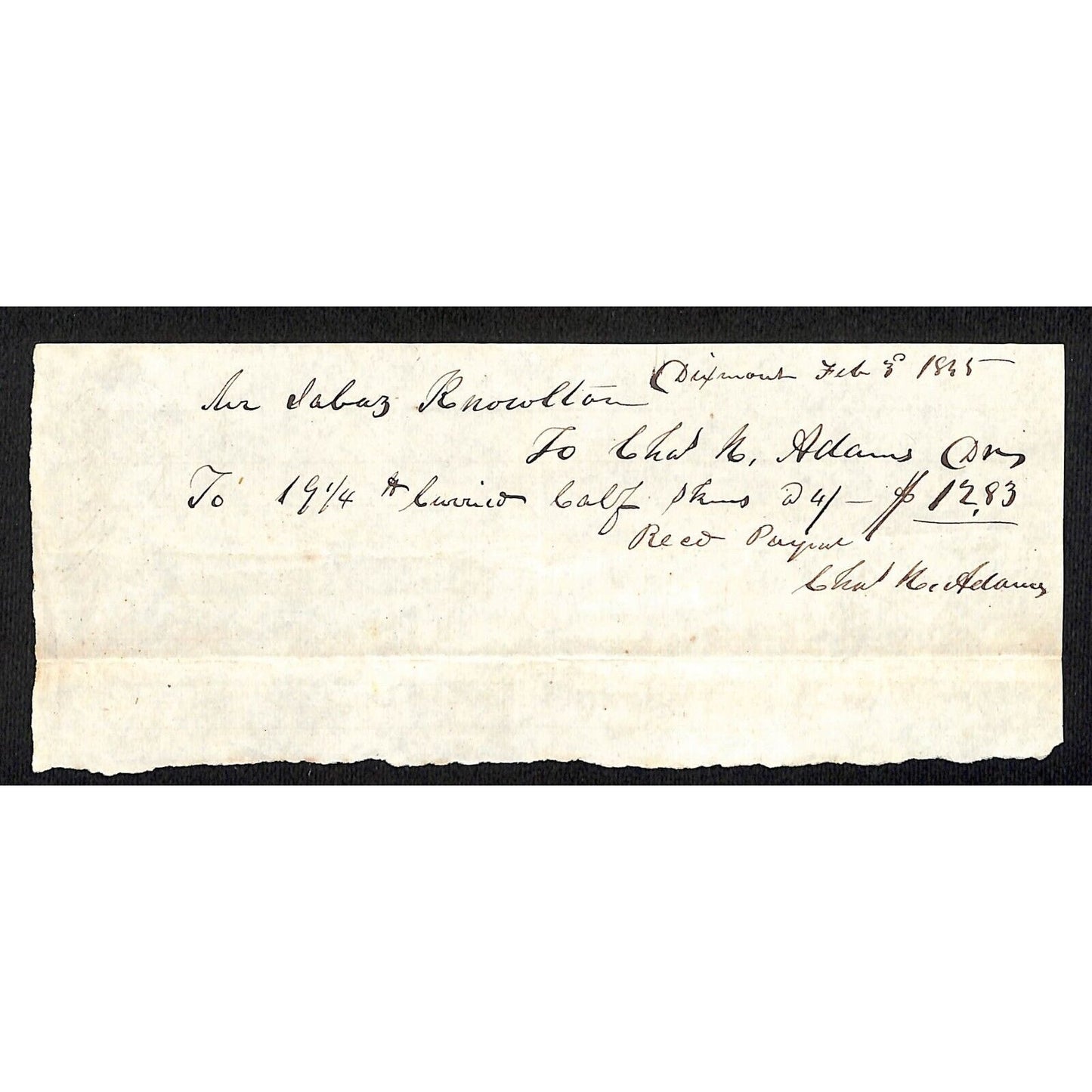 1845 Jabez Knowlton* Newburgh, ME General Store Receipt Chas Adams & Sons ?