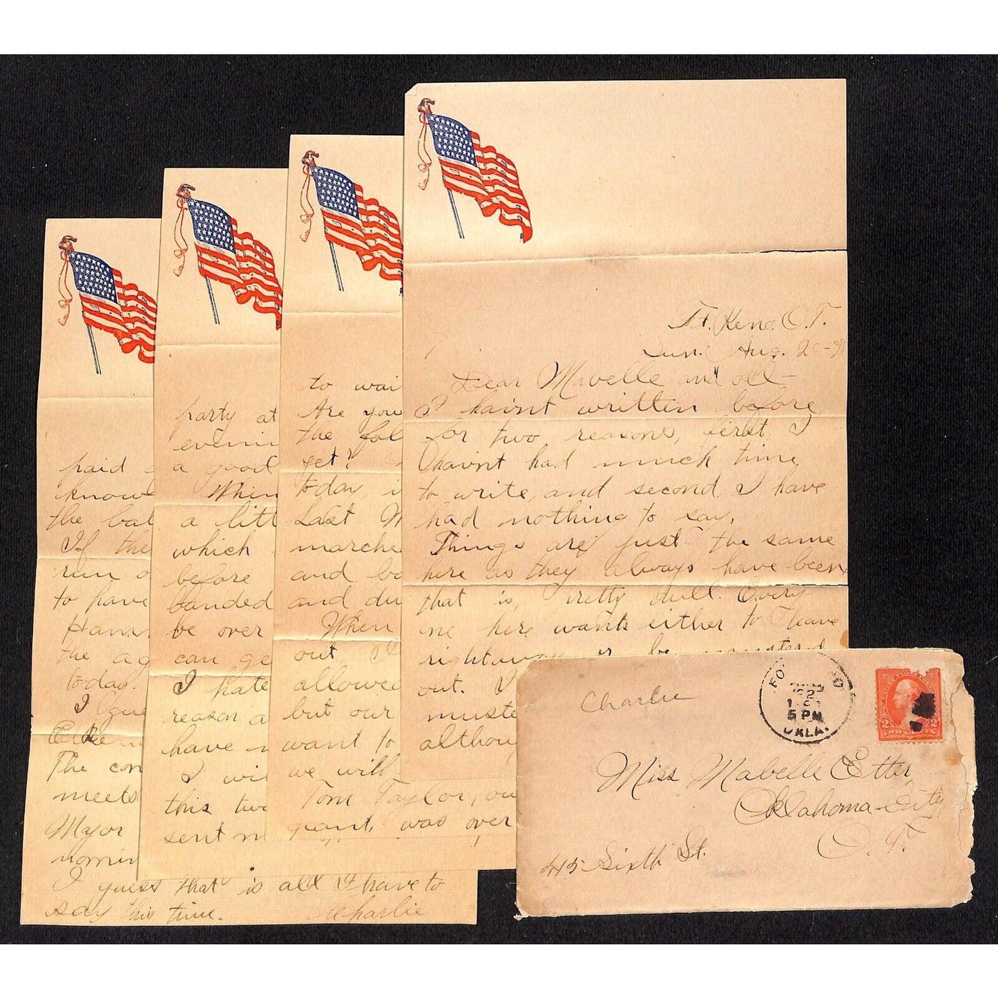 1898 4pp ALS Letter w/ American Flag Header Art - Fort Reno Oklahoma Territory