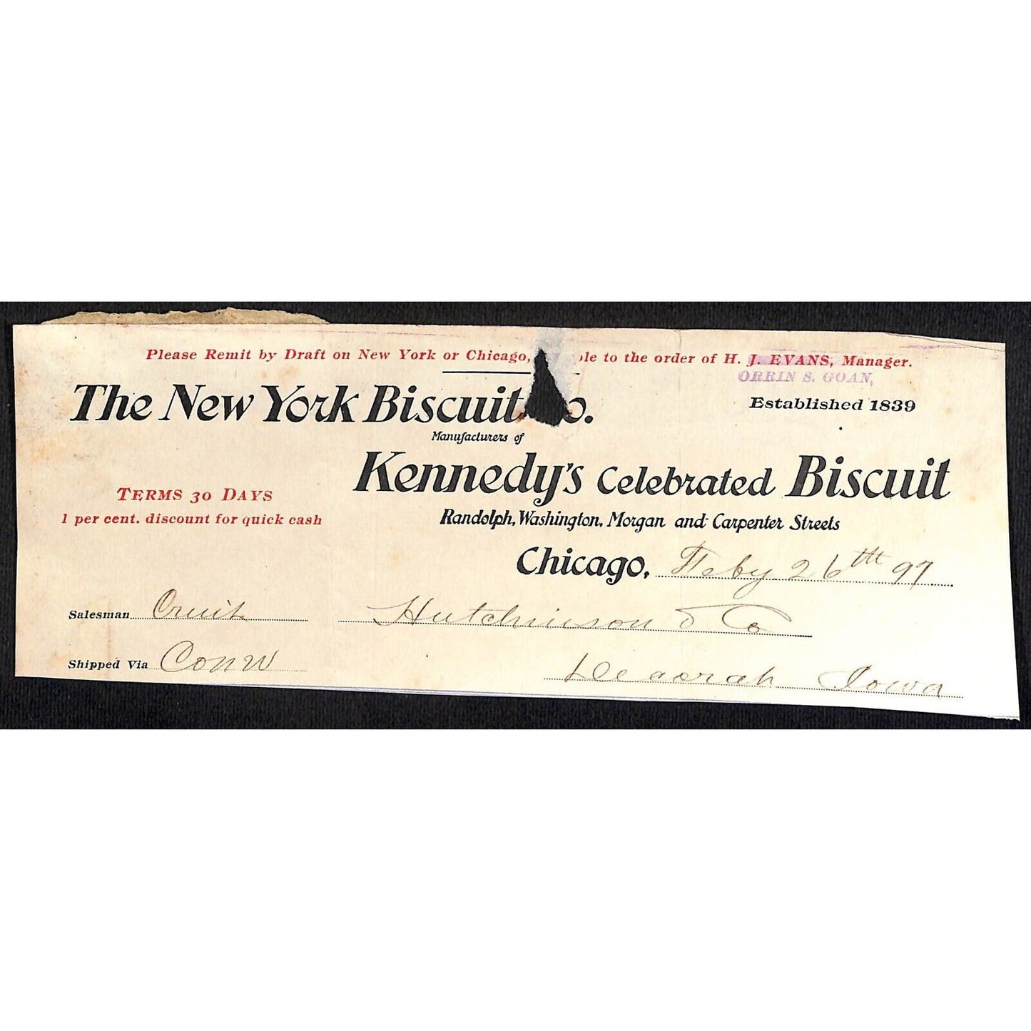 New York Biscuit Chicago Kennedy's HJ Hutchinson Decorah, IA* Cut 1897 Billhead