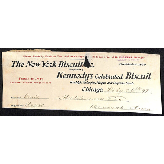 New York Biscuit Chicago Kennedy's HJ Hutchinson Decorah, IA* Cut 1897 Billhead