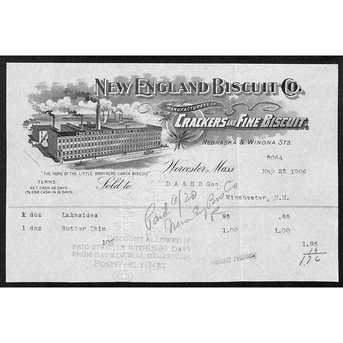 New England Biscuit (Little Brothers) Crackers Worcester, MA 1906 Billhead