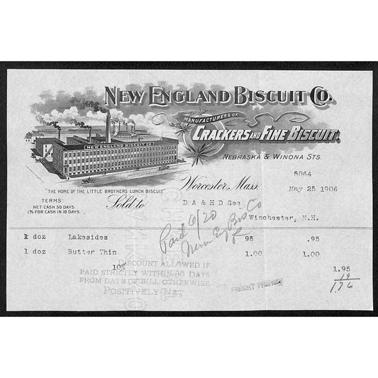 New England Biscuit (Little Brothers) Crackers Worcester, MA 1906 Billhead