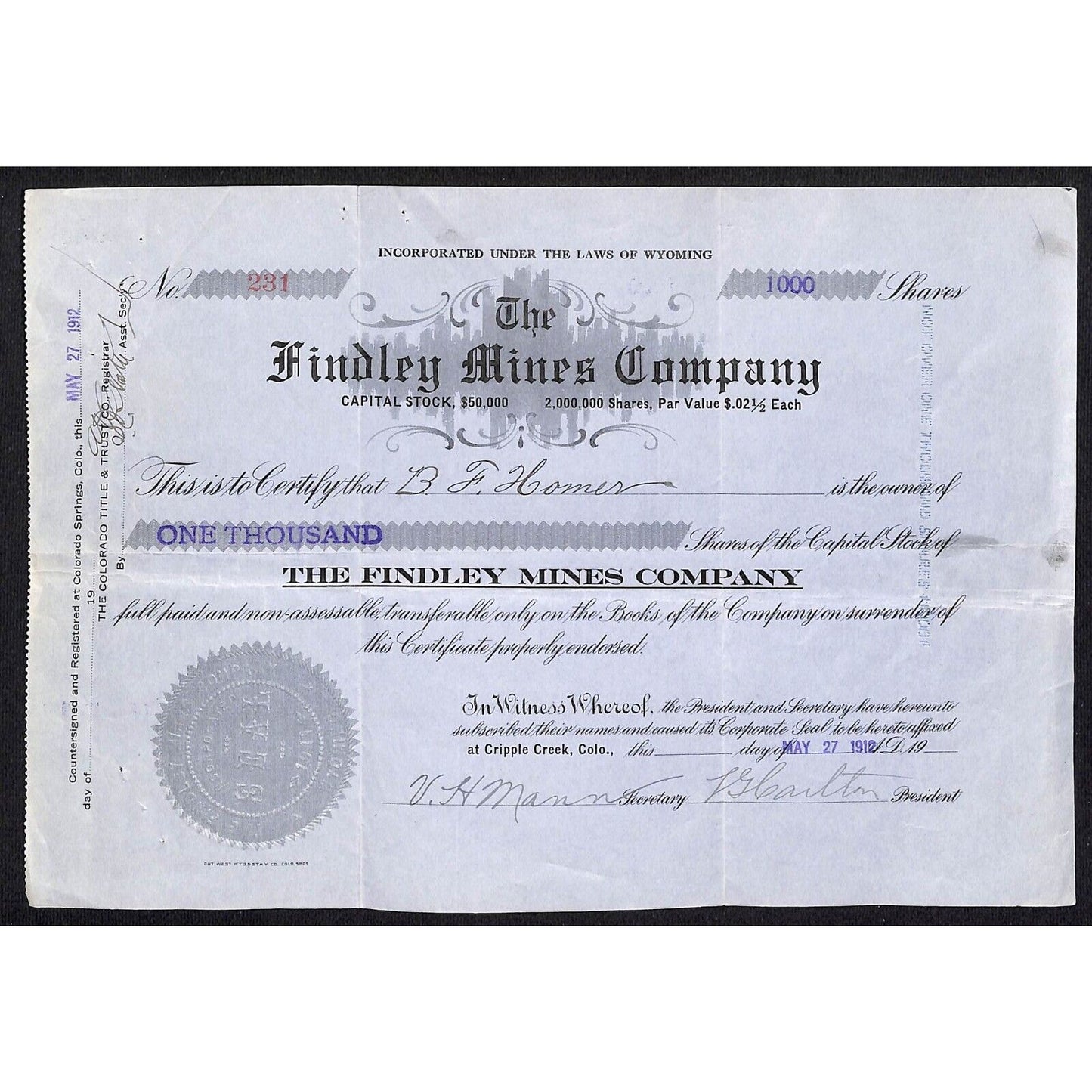 Findley Mines Co. 1912 Cripple Creek Stock Certificate w/ L.G. Carlton Sig. #231