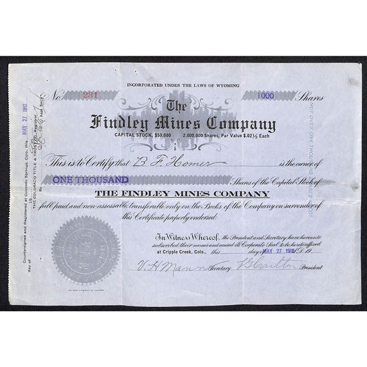 Findley Mines Co. 1912 Cripple Creek Stock Certificate w/ L.G. Carlton Sig. #231