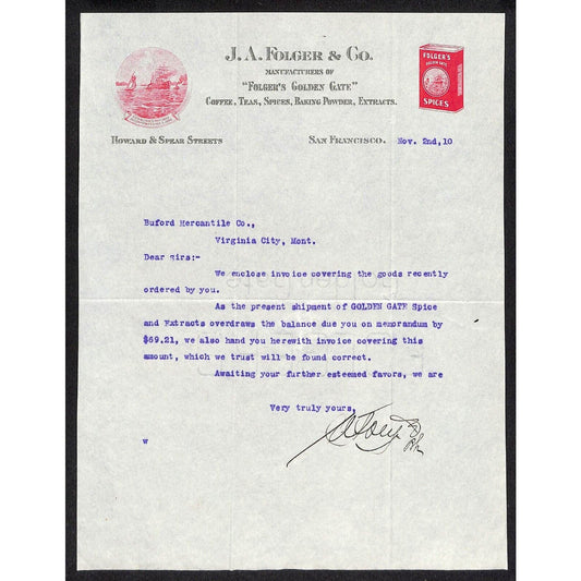 J. A. Folger Coffee 1910 Letterhead to Buford* re: Golden Gate Spice Shipment